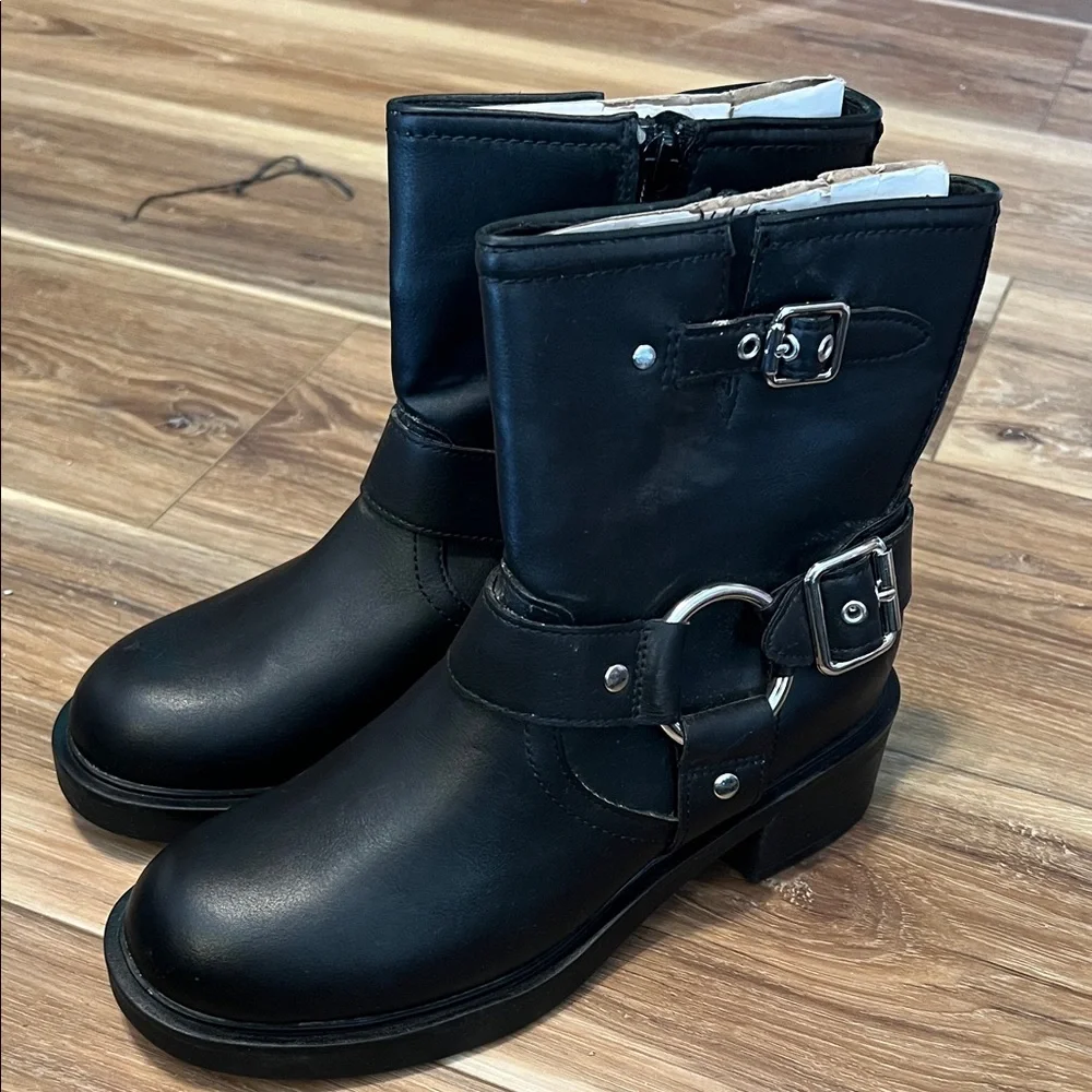 Universal Thread Black Moto Biker Boots with Silver Buckles - Picture 1 of 5